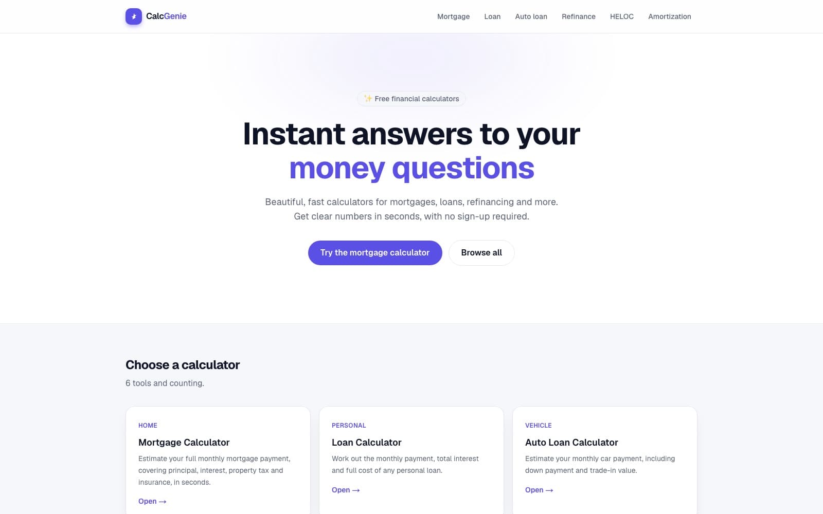 CalcGenie, live site preview