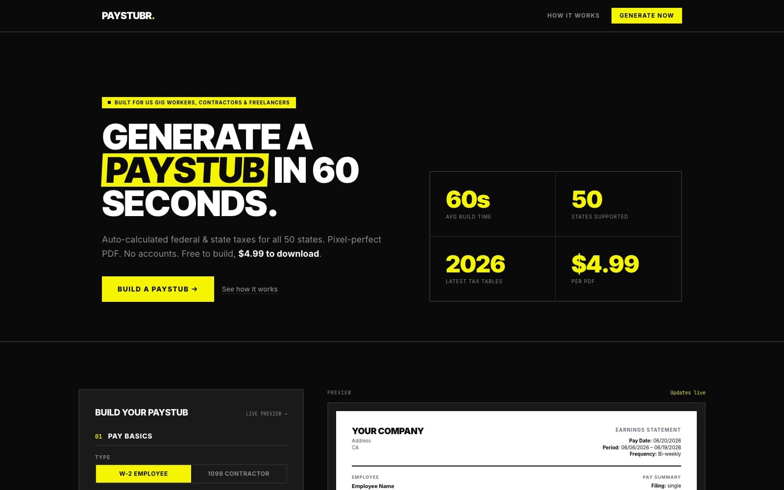 PayStubr, live site preview