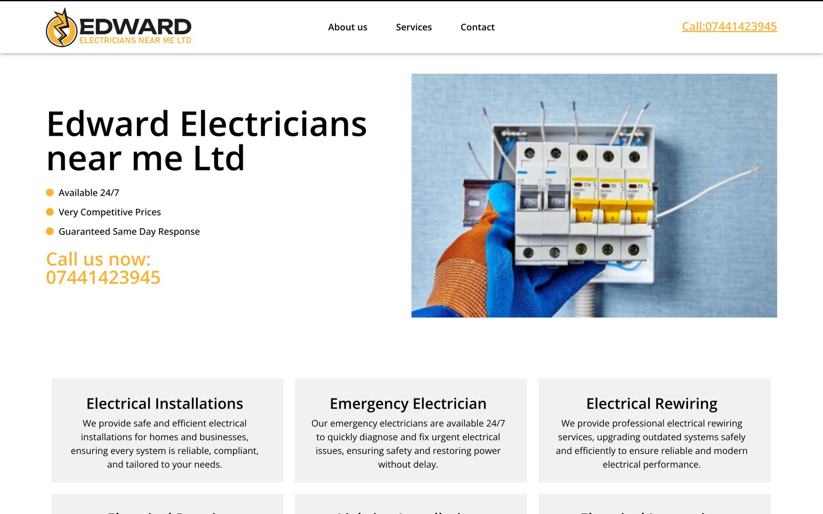 Before: Edward Electricians' current homepage, a white template with a photo of a fuse board and three service boxes.