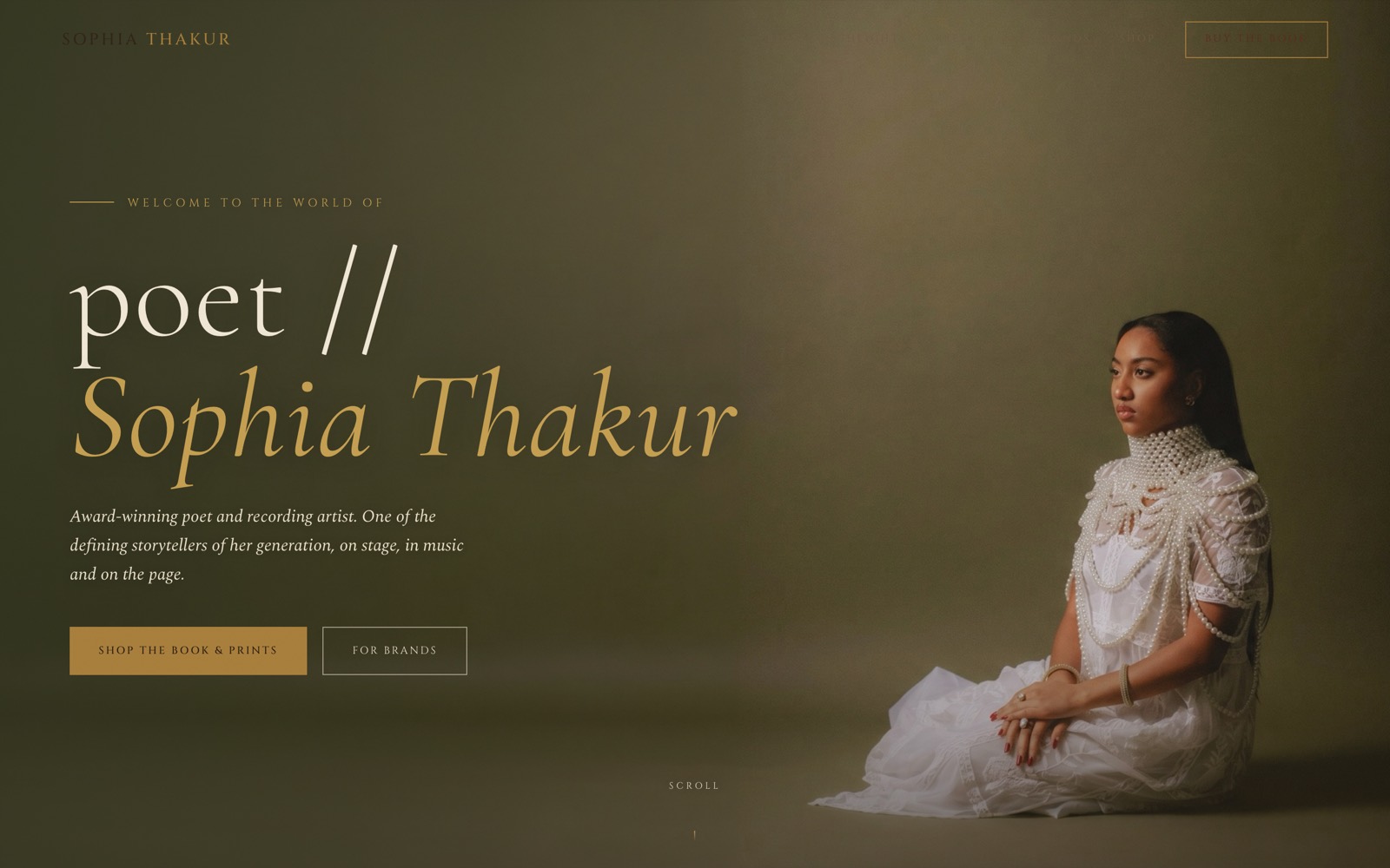 After: the rebuilt site, a large serif headline poet // Sophia Thakur with buttons to shop the book and prints or work with brands.
