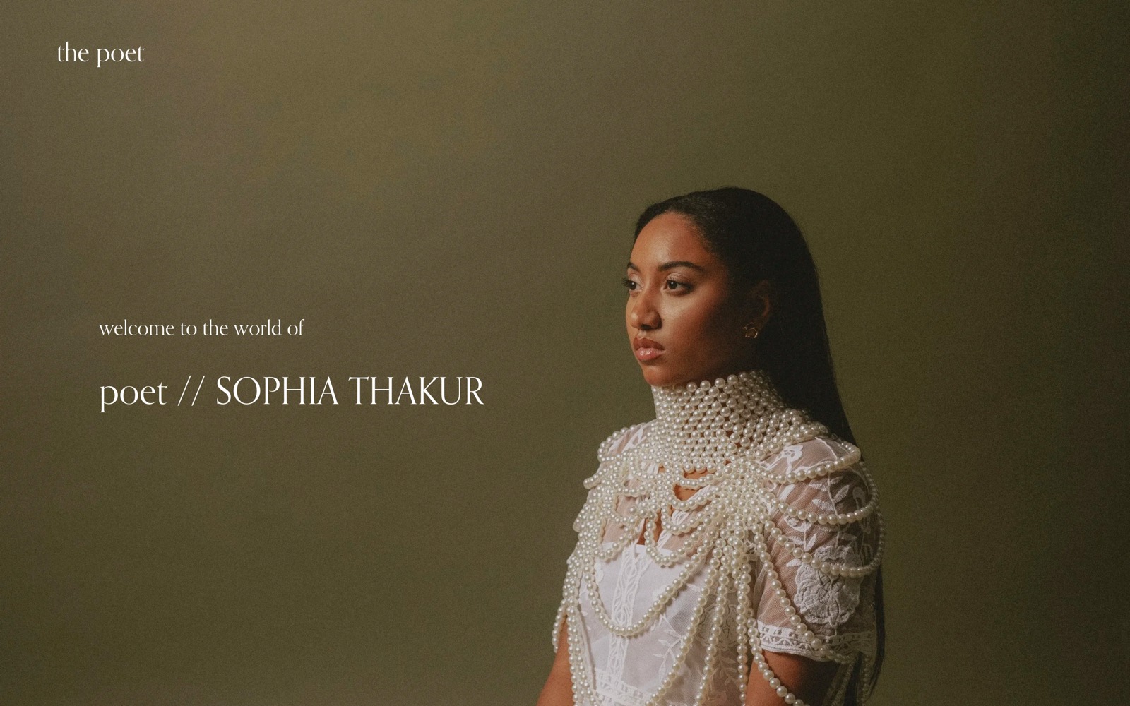 Before: Sophia Thakur's old site, a single portrait with the words welcome to the world of poet Sophia Thakur.