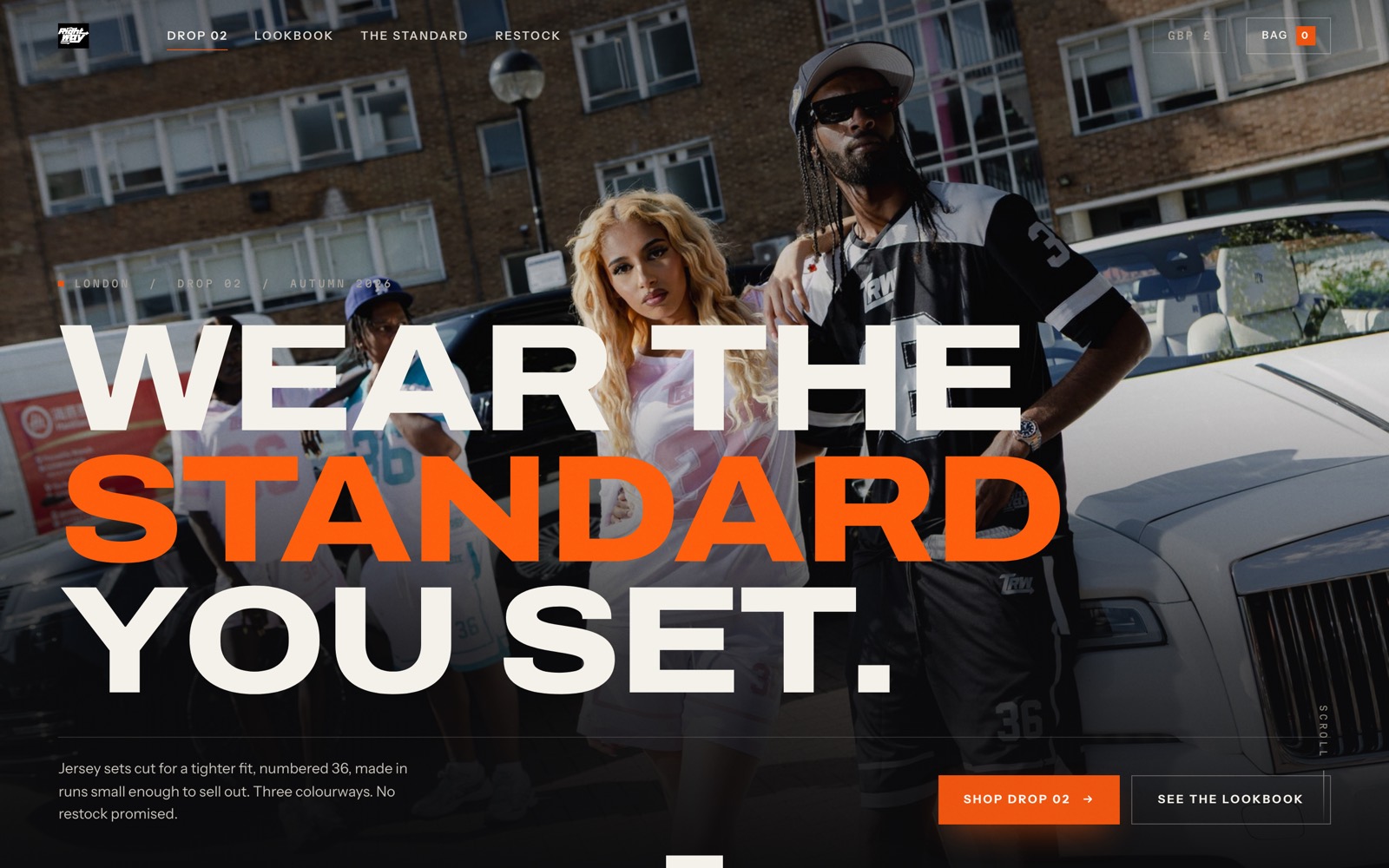 After: the concept, a full-bleed street photo behind the headline Wear the standard you set, with a Shop drop 02 button.